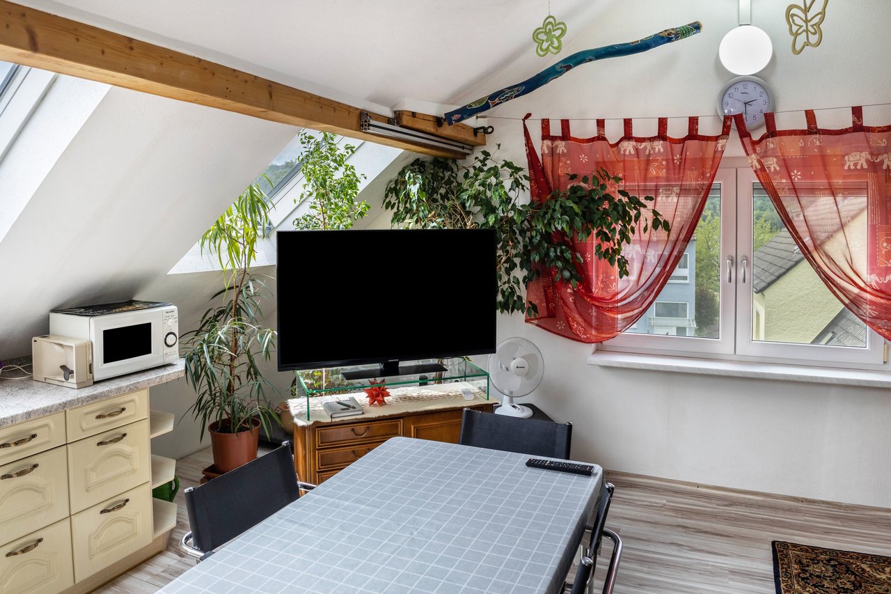 Wohnbereich mit Fernseher und Essplatz, A Casa Alfred Kemmern in Kemmern, Bayern
