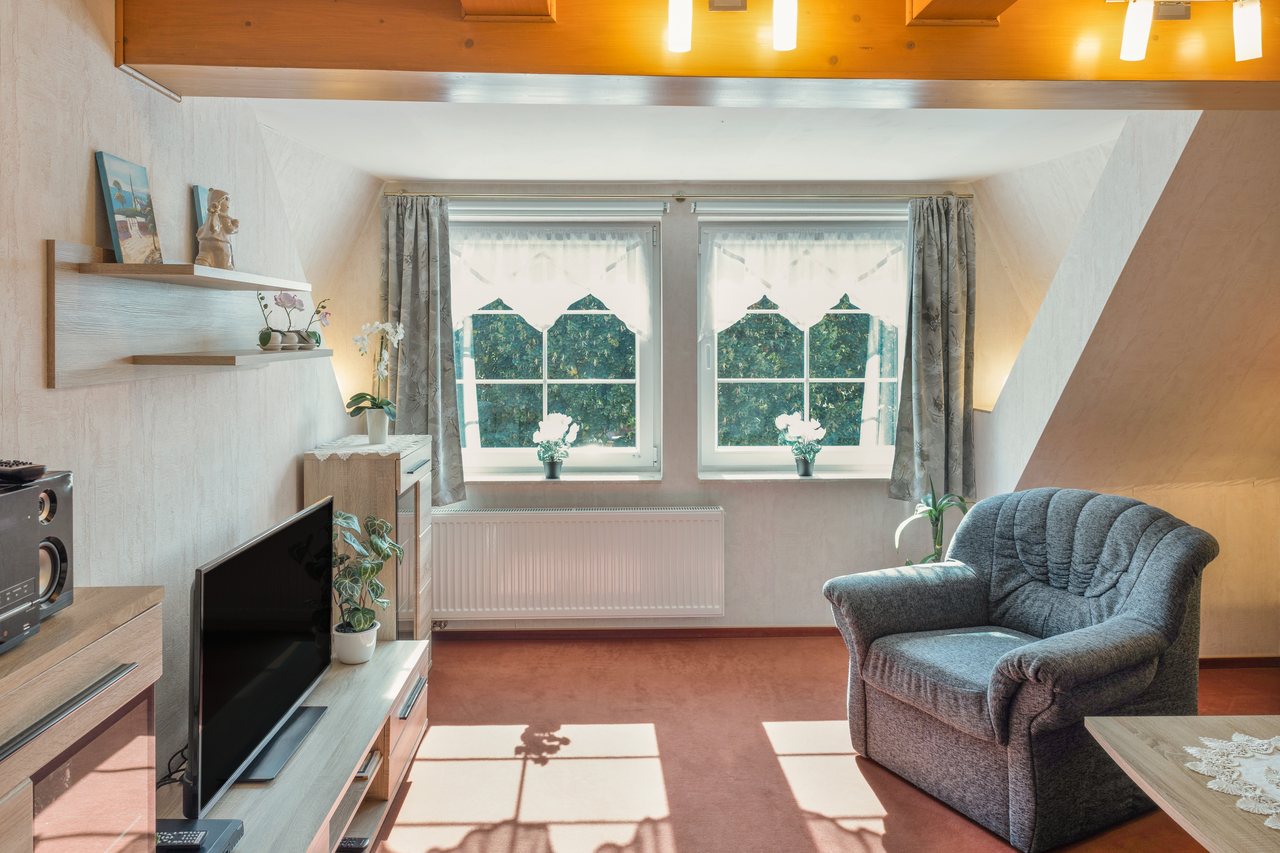 Wohnzimmer mit Sessel, Fernseher und Holzbalken, Ferienwohnung Zwei in Bad Wilsnack, Brandenburg, Bad Wilsnack, Prignitz, Brandenburg