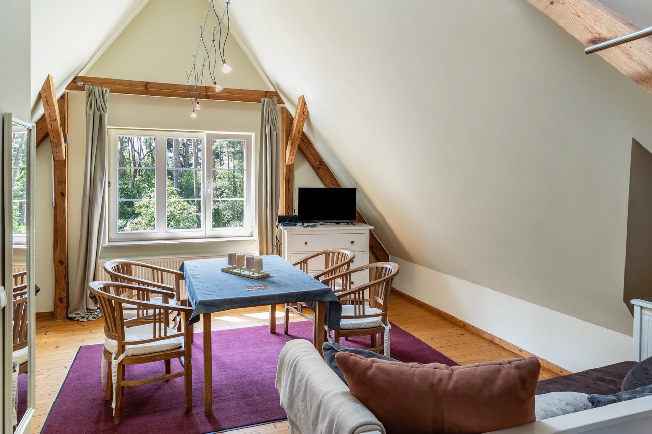 Wohnbereich mit Essplatz und Sofa unter der Dachschräge, Ferienwohnung für 6 Personen 80 M² in Potsdam, Brandenburg, Groß Glienicke, Potsdam, Brandenburg