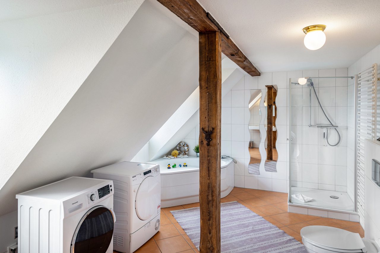 Hauswirtschaftsraum mit Waschmaschine und Dusche, Radfahren Haus auf der Insel Werder in Werder, Brandenburg