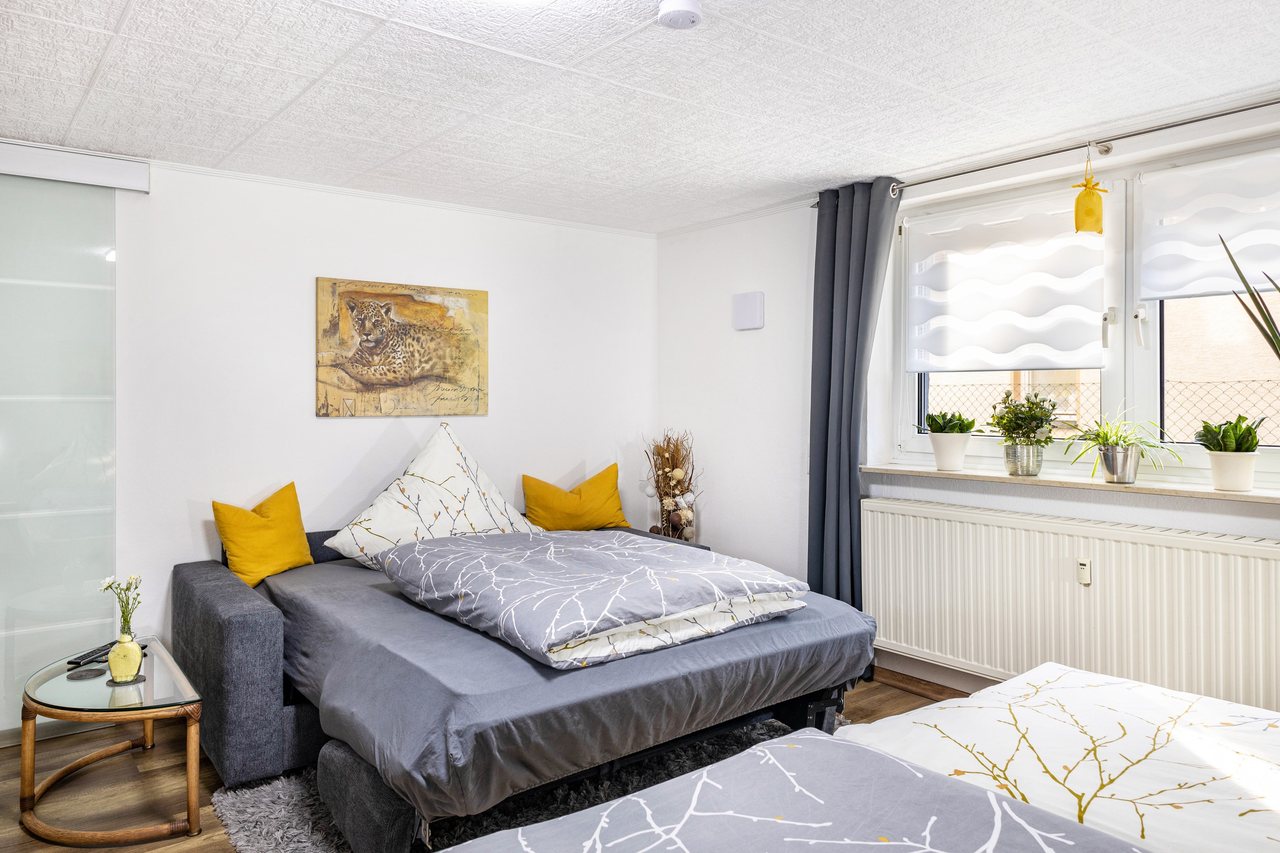 Schlafbereich mit Schlafsofa, Angie’s Ferienapartment in Lichtenfels, Bayern