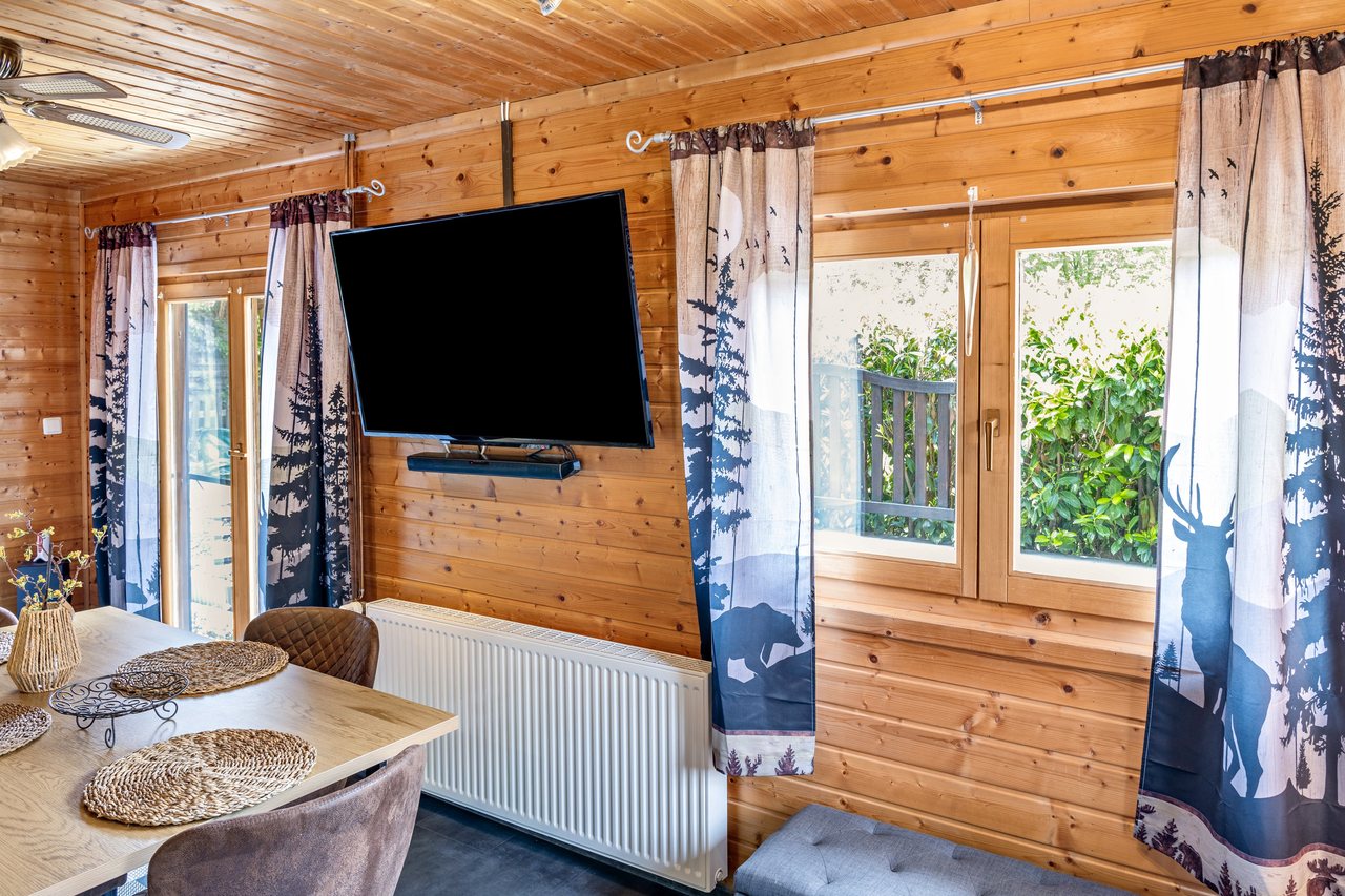 Wohnbereich mit Fernseher und Essplatz, Ferienhaus Obert in Drognitz, Thüringen
