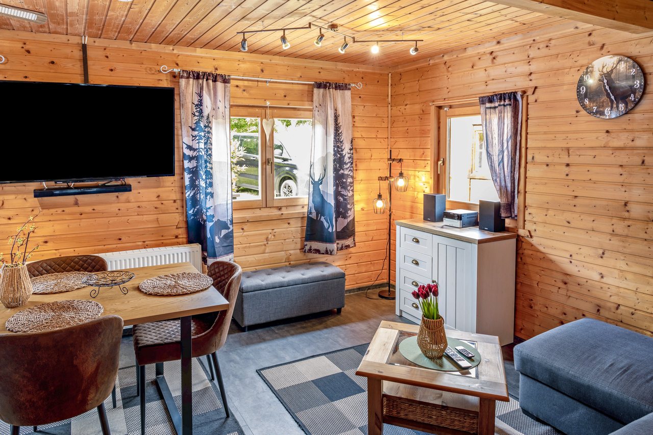 Wohnbereich mit Fernseher und Sitzecke, Ferienhaus Obert in Drognitz, Thüringen